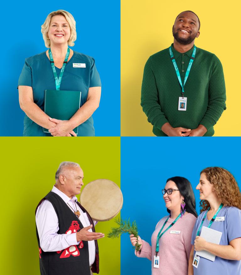 Grid image of health care workers against coloured backgrounds