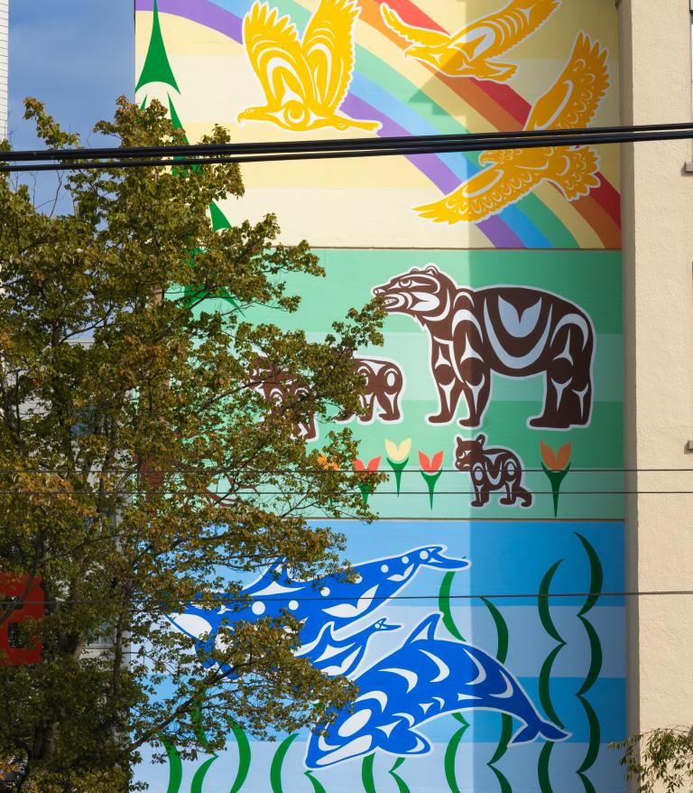 Willow Pavilion Mural by artist Olivia George, a member of the Tsleil-Waututh Nation