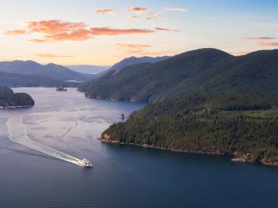 Aerial view of the Ferry traveling between the islands